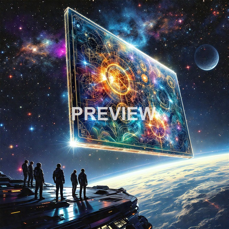 A group of astronauts on a spaceship observing a large, glowing, holographic display of intricate cosmic patterns floating in space above Earth.